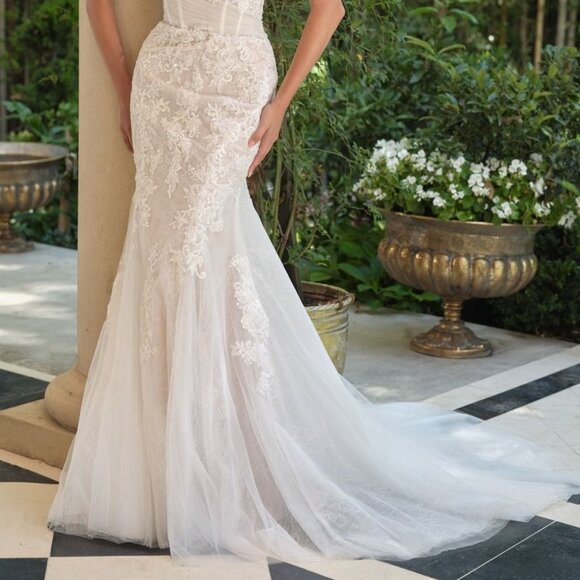 New Off White Nude Wedding Tulle Gown w/ Side Hip Bow & Floral Lace CD WL068 - Picture 8 of 13